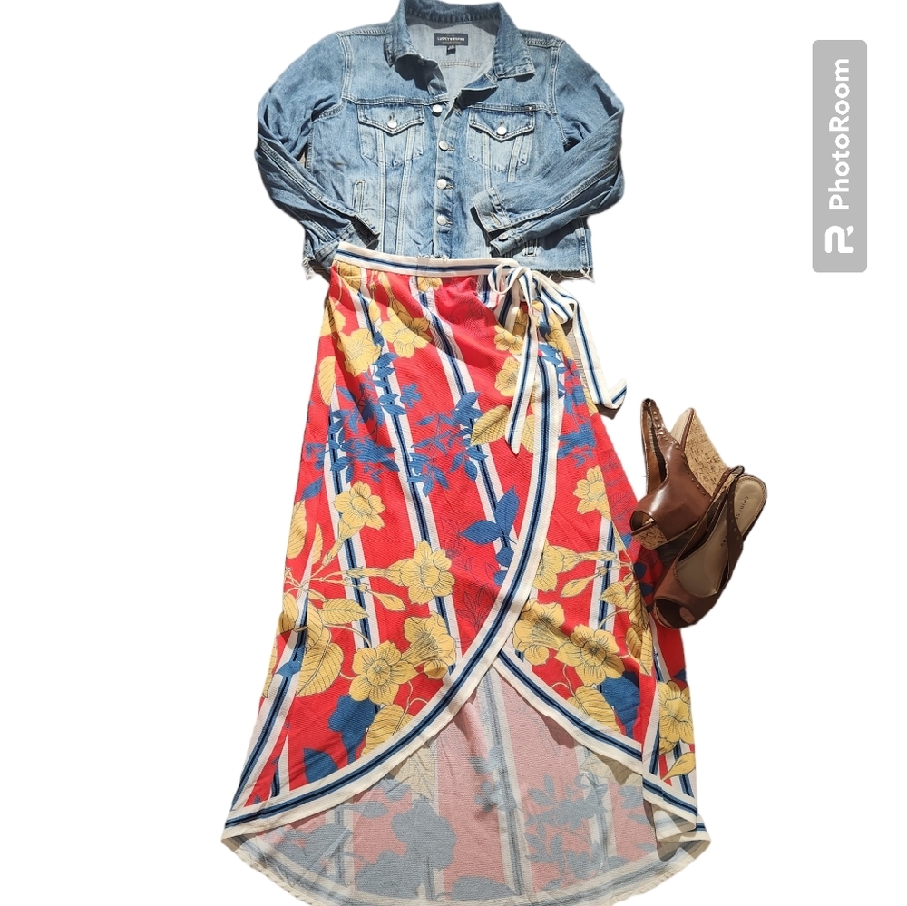 Flying Tomato Red Floral High-Low Skirt with Yellow & Blue Accents